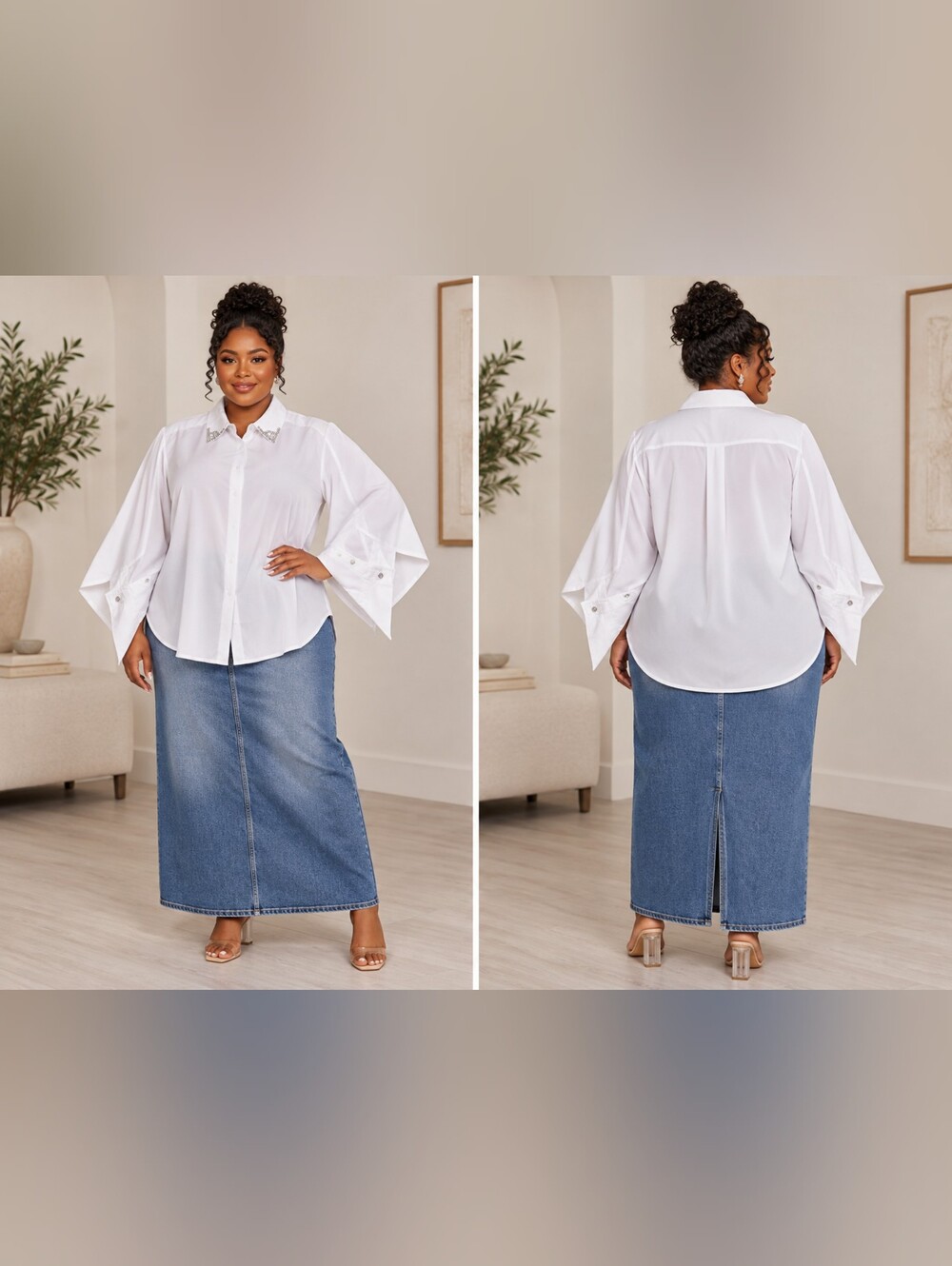 Ashley Stewart Crisp White Button-Up Blouse with Flared Sleeve Details